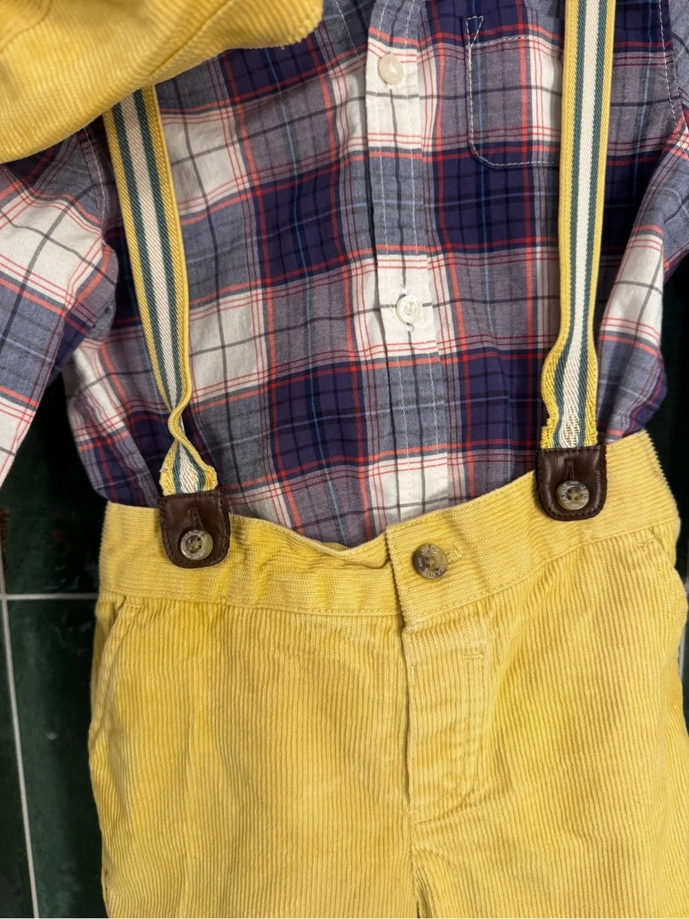 Janie and Jack Yellow Corduroy Overalls Set with Striped Suspenders and Cap